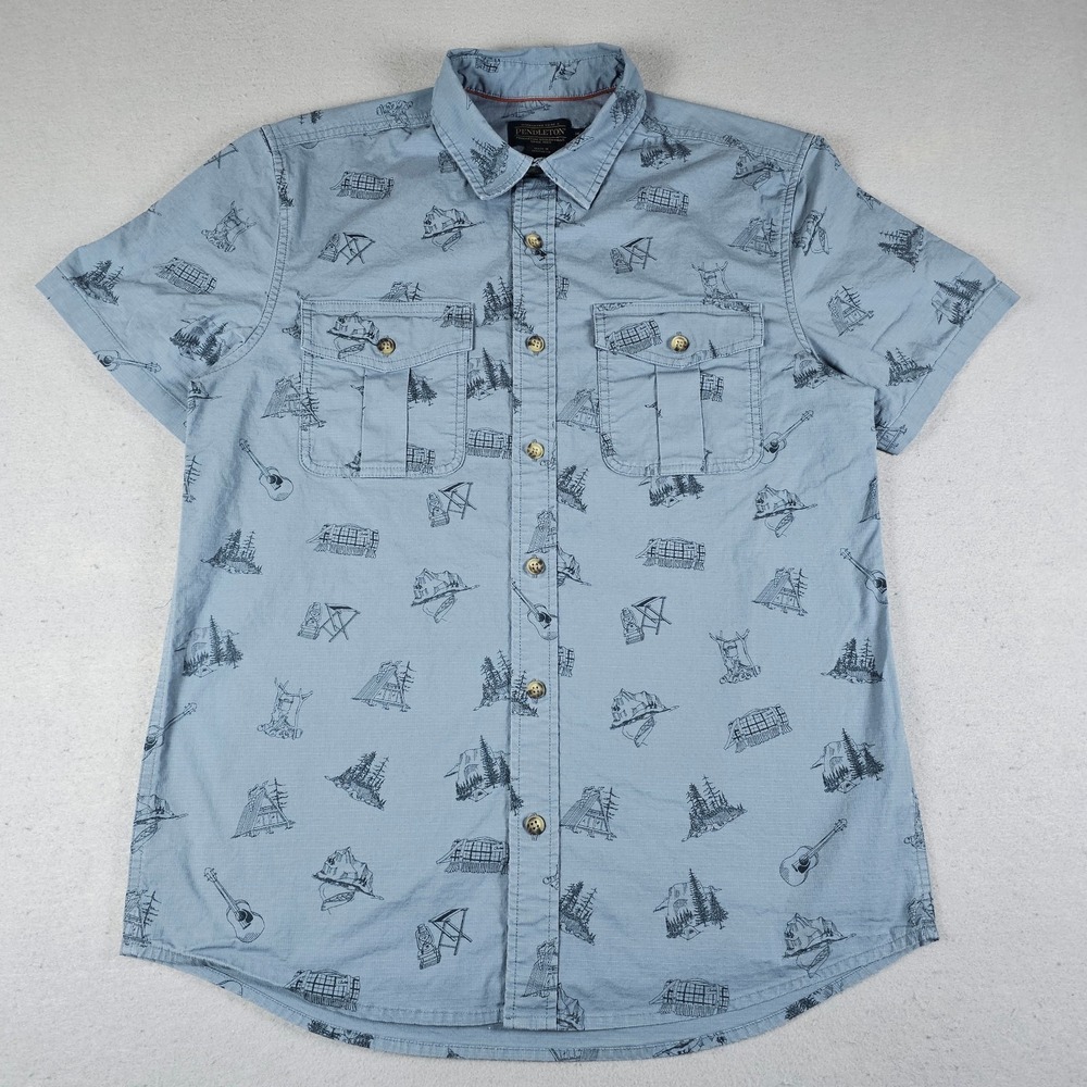 Pendleton Button Up Shirt Mens Medium Blue Short Sleeve Camping Outdoors Guitars